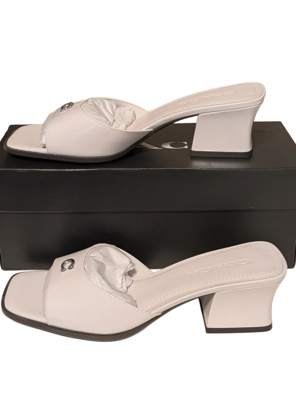 Coach Sculpted C Leather Block Heel Mule Sandals Optic White Women Size 9 B - Picture 4 of 9